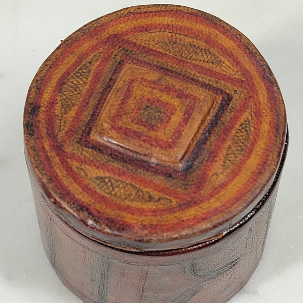 VTG Leather Box Lid 1.75" Brown Red Tooled Cylynder Storage Jar Travel